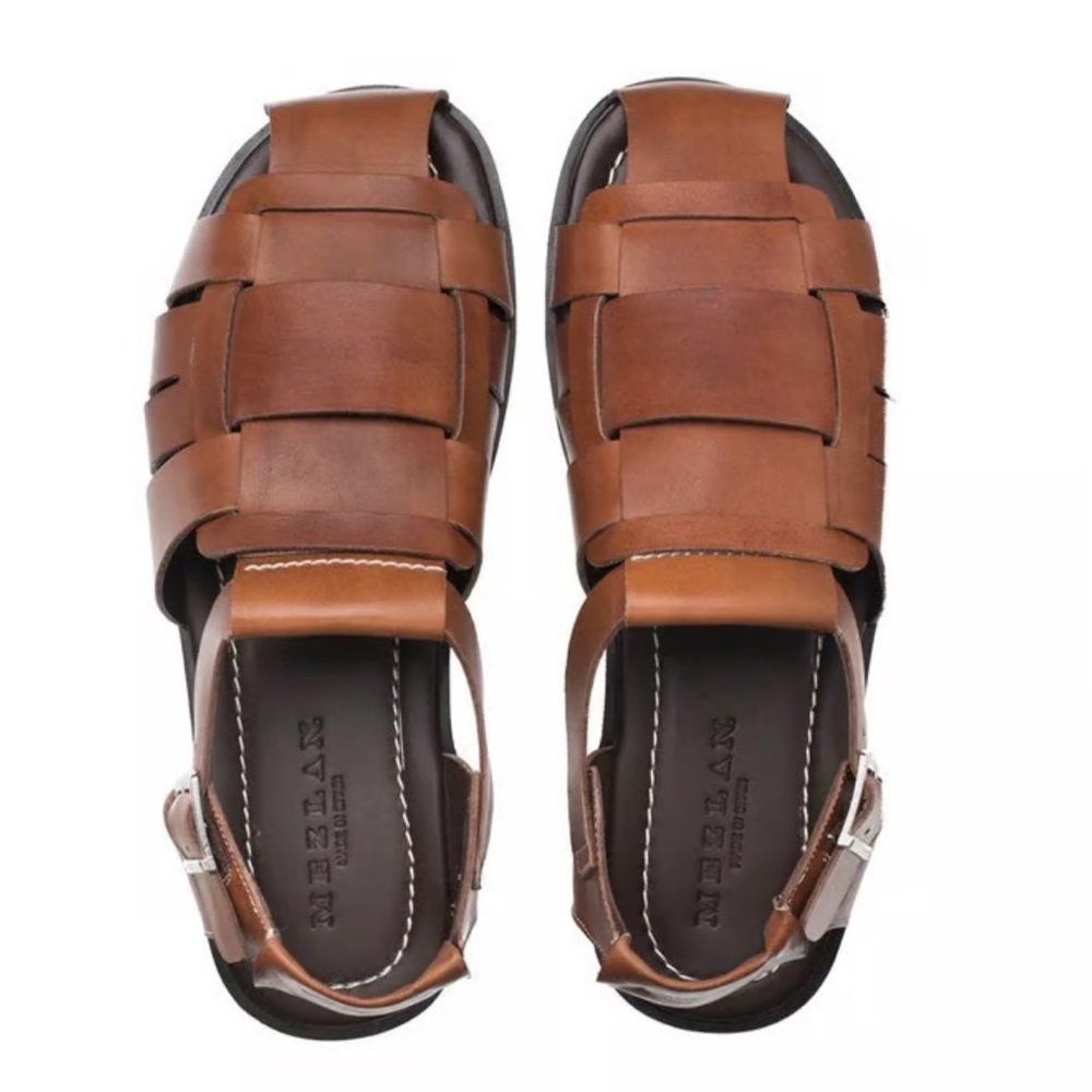 NEW Mezlan R20257 Cognac Calfskin Fisherman Handmade Leather Sandal Size 10